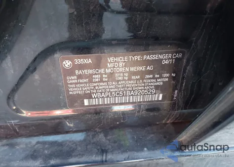 2011 BMW 335I xDrive из США, поврежденный, VIN WBAPL5C51BA920529